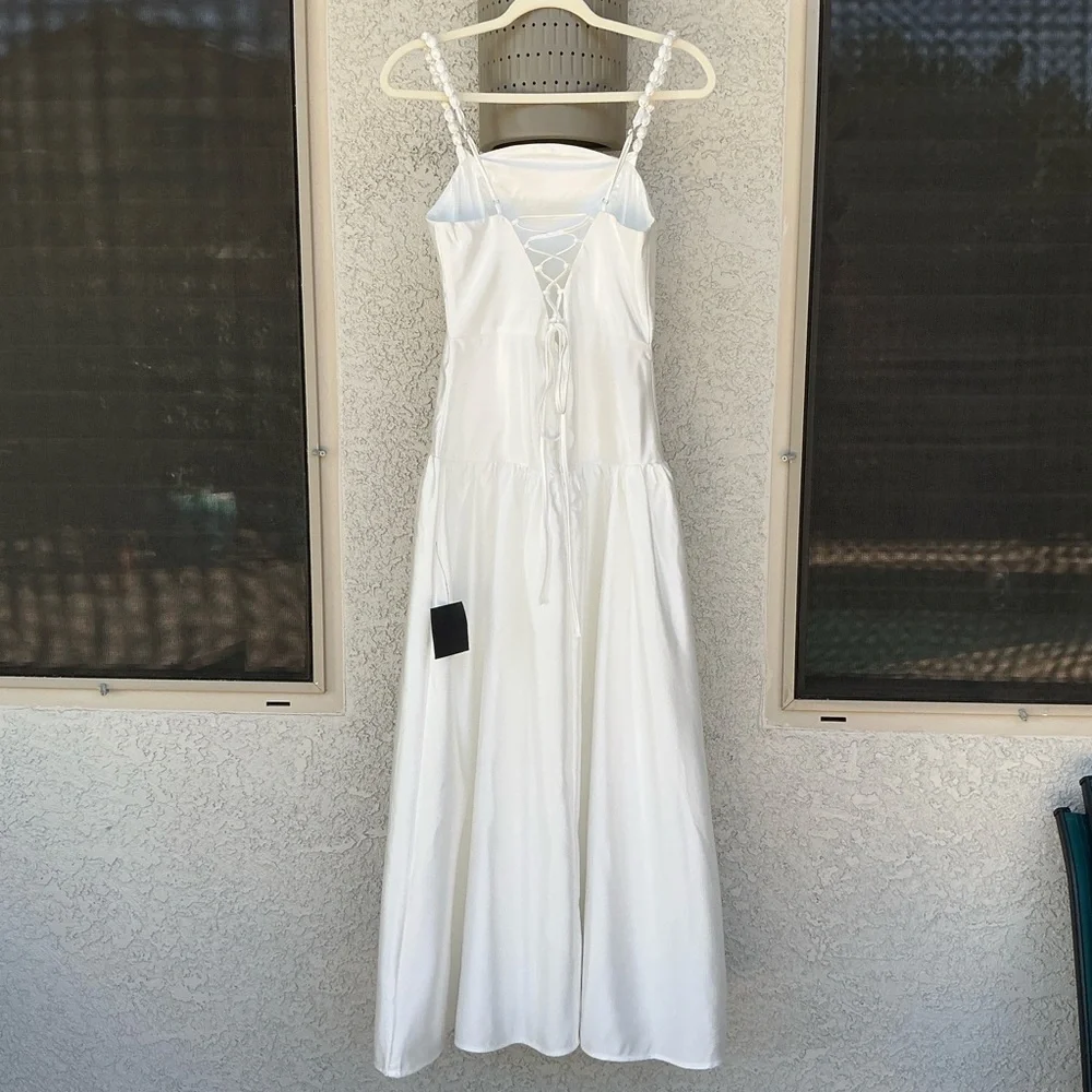 NWT Lulu’s Modern Adoration White Satin Backless Lace-Up Maxi Dress Small - Picture 5 of 13